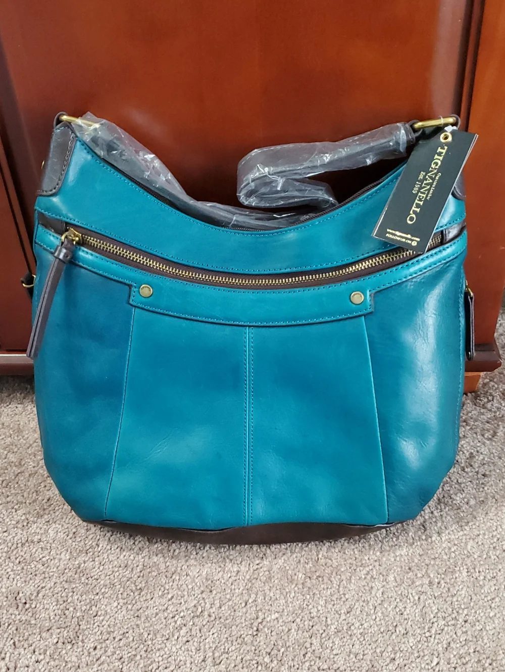 BRAND NEW!!  Tignanello Teal Leather Shoulder Hobo with Gold Hardware